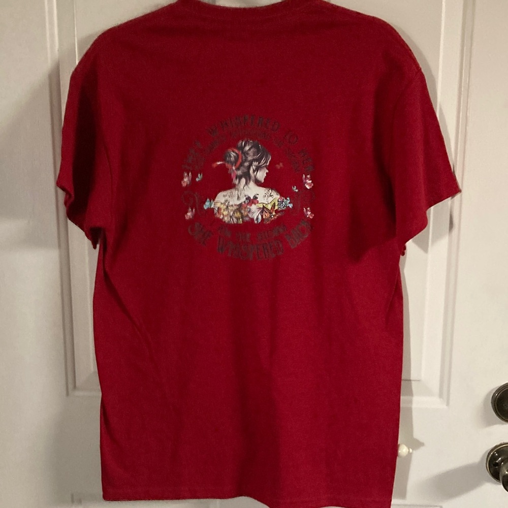 Gildan Red Short Sleeve Tee with Floral Back Graphic